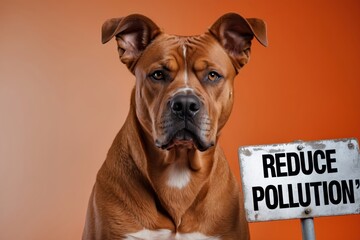 Obraz premium A strong, alert dog with a serious expression holding a sign advocating for pollution reduction against an orange background