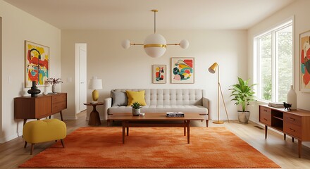 Sophisticated living room showcase with mid-century modern furniture and vibrant art