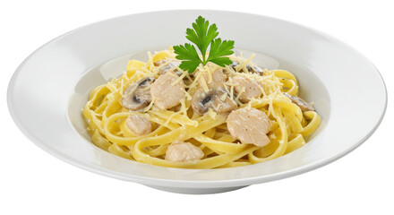 Isolated Pasta with chicken and mushrooms
