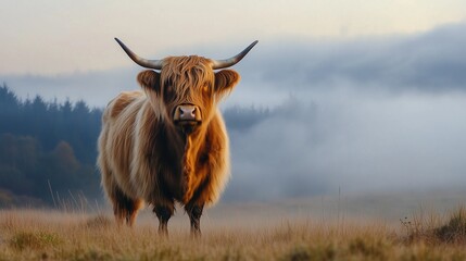 Highland cow standing in misty field at sunrise