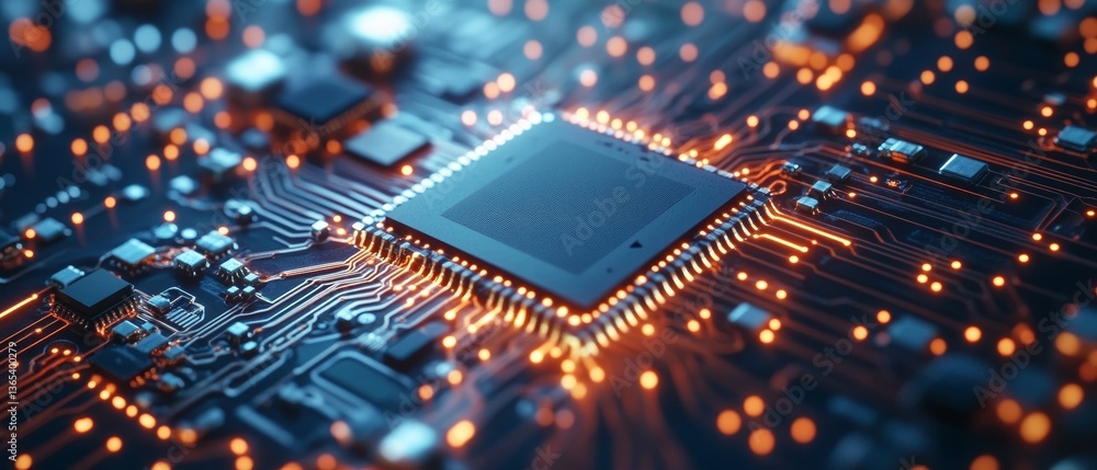 Poster glowing microchip: circuit board illumination