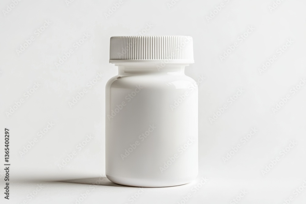 Poster empty white bottle with a screw-on cap positioned on a clean surface illuminated by soft lighting in