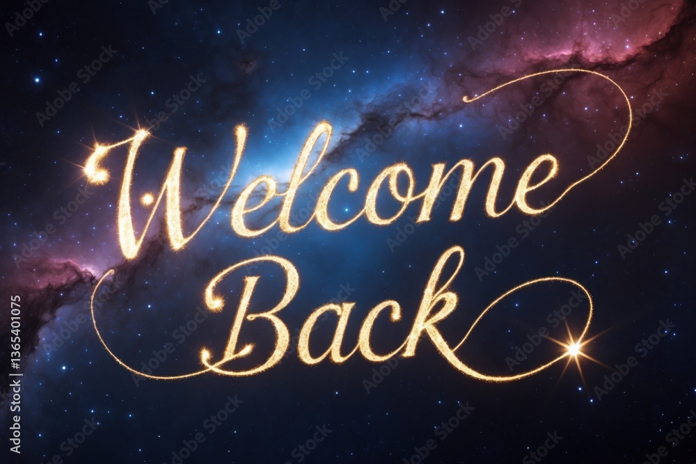 Poster starry night sky with shimmering text that says 'welcome back' in elegant script, creating a cosmic 