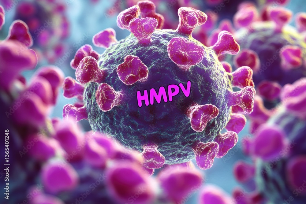 Poster microbial structure of hmpv highlighting its intricate surface features, observed under high-resolut