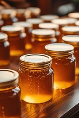Jars filled with golden honey arranged neatly on a wooden table in a warm, sunlit setting