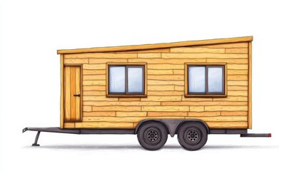 Tiny Home on Wheels: A meticulously illustrated tiny home, nestled upon a trailer, epitomizes modern minimalist living and the embrace of portability and freedom. 