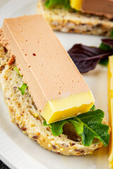 Liver mousse pate duck poultry meat tasty fresh delicious gourmet food background table rustic food top view copy space