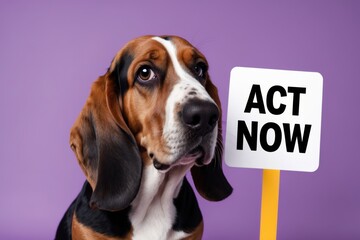 A beagle dog with expressive eyes holding a sign that says 'Act Now' against a vibrant purple background, conveying a sense of urgency and charm