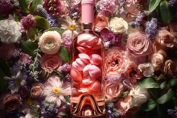 Elegant floral arrangement features a decorative glass bottle surrounded by an array of colorful blooms in soft lighting