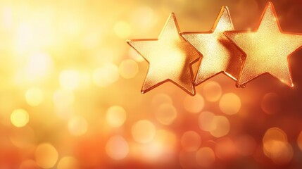 Golden stars shining brightly, celebrating success and achievement in a warm, celebratory ambiance with a bokeh background.