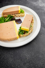 Liver mousse pate duck poultry meat tasty fresh delicious gourmet food background table rustic food top view copy space