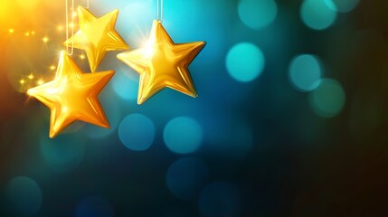 Golden stars shimmering against a teal bokeh background, symbolizing hope, dreams, and wishes fulfilled during a festive celebration.
