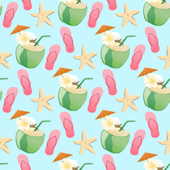 Summer Beach Tropical Pattern With Coconuts Cocktails Starfish And Flip Flops