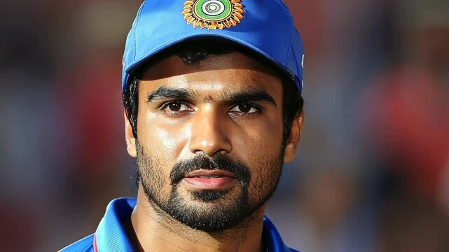Indian cricket player poses during a match with a focused expression in the stadium on a sunny day