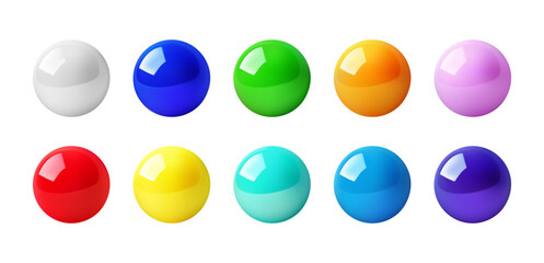 Set of vector colored balls or spheres, balls purple green, yellow and blue shiny glossy with shadow.