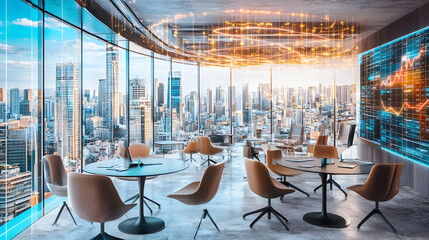 Fototapeta premium Panoramic Office View with Financial Growth Chart and Modern Design