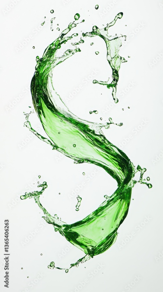 Poster emerald splash in motion: an abstract dance of verdant liquid, forming a dynamic 's' shape against a