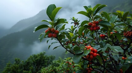 African Cherry Vulnerable Medicinal Tree Under Threat Show African Cherry tree Prunus africana deep green leaf cluster of small red fruit growing misty mountain landscape traditional healer scientist