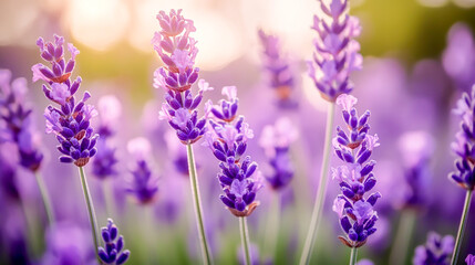 Obraz premium Soft-focus view of a stunning lavender flower field in full bloom, with a blurred natural flower backdrop.