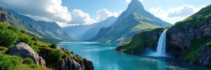 Obraz premium Scenic view of a majestic mountain peak overlooking a serene lake and vibrant waterfall, lake, stunning