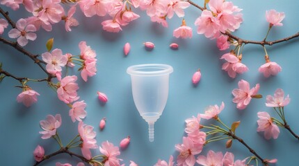 Transparent white menstrual cup adorned by pink cherry blossoms on soft blue background, women health and hygiene concept