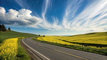A highway stretching through vast countryside with lush green fields and yellow wildflowers under a blue sky, capturing nature’s beauty and the joy of open-road travel.