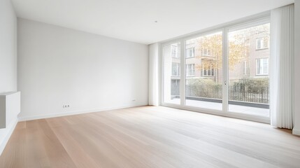 Fototapeta premium Empty, modern apartment interior. Spacious, bright living area with large windows