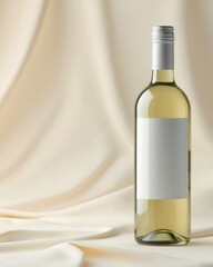 Expensive bottle of white wine with blank white label on delicate cream hued background, product mockup, copy text space