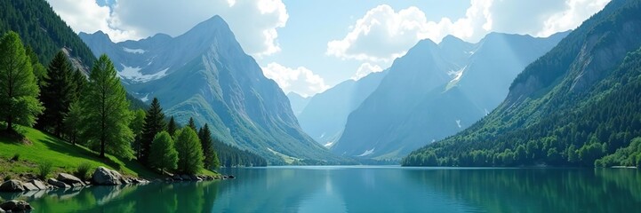 Scenic view of a tranquil lake surrounded by lush green forests and towering mountains,  outdoors,  lake
