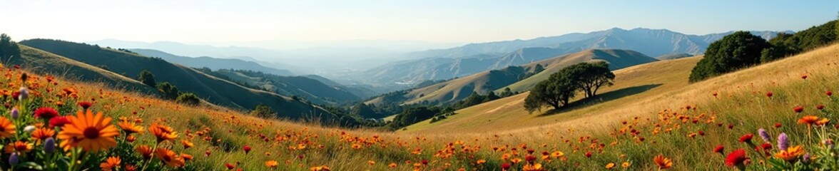 Scenic view of sweeping hills and vibrant wildflowers at San Marcos Foothills Preserve, Goleta, Santa Barbara County,  wildflowers,  landscape