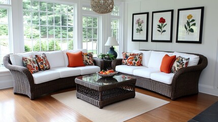 Wicker furniture and vibrant floral prints create a beachy lounge perfect for enjoying the tropical vibe and natural light