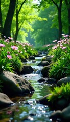 Tranquil stream flowing through vibrant green forest with blooming flowers,  natural,  peaceful