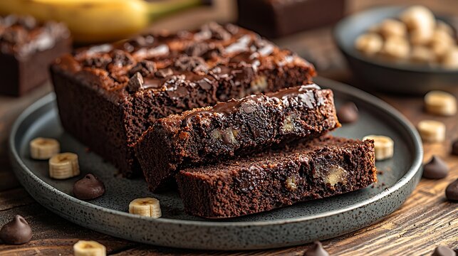 Sliced Chocolate Banana Bread Served on a Plate with Chocolate Chips and Banana Slices