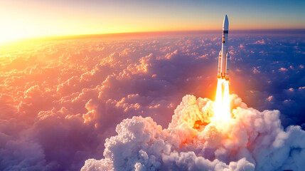Successful Space Rocket Launch Powerful Lift-Off with Smoke and Blast, Heading into Space Against a Stunning Sunset and Earth&rsquo;s Blue Horizon