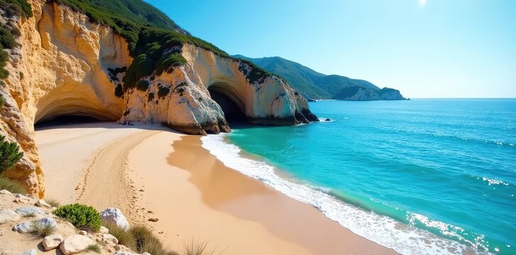 Tranquil Ursa beach with rugged cliffs and crystal-clear waters, perfect for nature lovers and photographers alike,  Lisbon,  waves