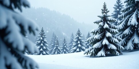 Obraz premium Snow-covered pine trees in a serene winter setting with gently falling snow, Cold, Weather