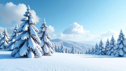 Snow-covered pine trees in a vast winter landscape with a clear blue sky,  pine trees,  landscape