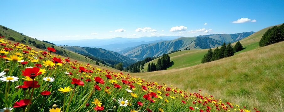 Scenic view of colorful wildflower fields on Figueroa Mountain with rolling hills and clear blue sky in Los Padres National Forest,  vibrant,  flora