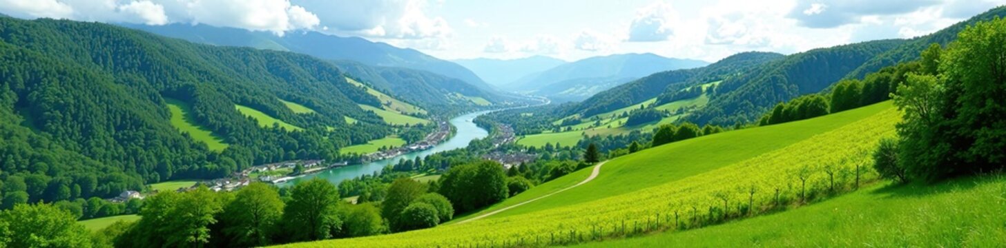 Scenic view of the Rhine Valley in Canton St Gallen, Switzerland, with lush green fields, vineyards, and rolling hills,  scenic,  fields