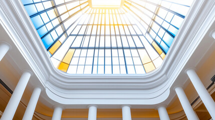 Obraz premium architectural view of a building's interior, featuring white columns supporting a multi-tiered ceiling with a glass skylight letting in sunlight.