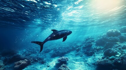 Obraz premium An AI powered autonomous underwater vehicle, surveying marine ecosystems for scientific research and environmental monitoring, Marine tech style