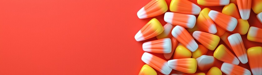 Bright candy corn pieces scattered on vibrant orange background, evoking festive and cheerful Halloween vibe