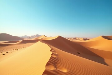 Scenic view of vast desert landscape with sand dunes under clear blue sky,  wilderness,  tranquil
