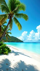 Tropical beach with palm trees and clear blue sea under a sunny sky,  sandy beach,  landscape