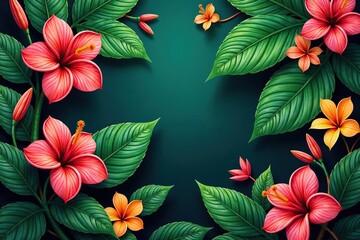Fototapeta premium Tropical botanical painting with vibrant leaves and flowers, rich colors and intricate details, botanical, flowers