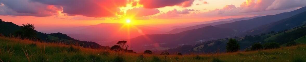 Scenic view of vibrant sunset over Kisoro mountains and lush pastures,  Uganda,  landscape