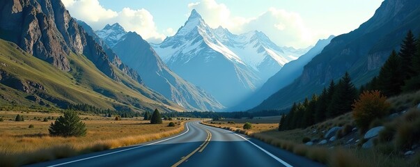 Scenic view of winding highway through majestic mountain landscape,  adventure,  drive