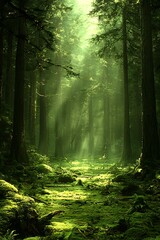 Enchanted forest path bathed in sunbeams. Lush green moss, ancient trees, and a mystical atmosphere create a perfect setting for fantasy, nature, or environmental themes.