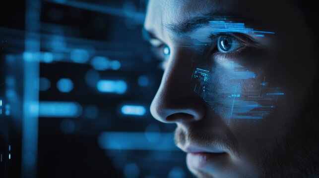 An AI powered biometric authentication system, scanning fingerprints and facial features for secure login, Security tech style