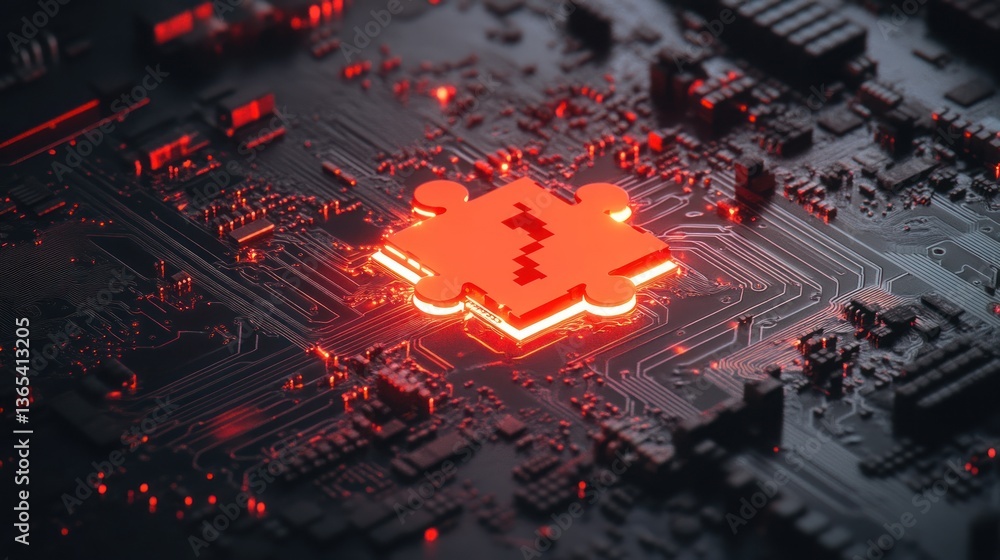 Poster digital puzzle: a glowing red jigsaw piece on a circuit board, symbolizing problem solving and techn